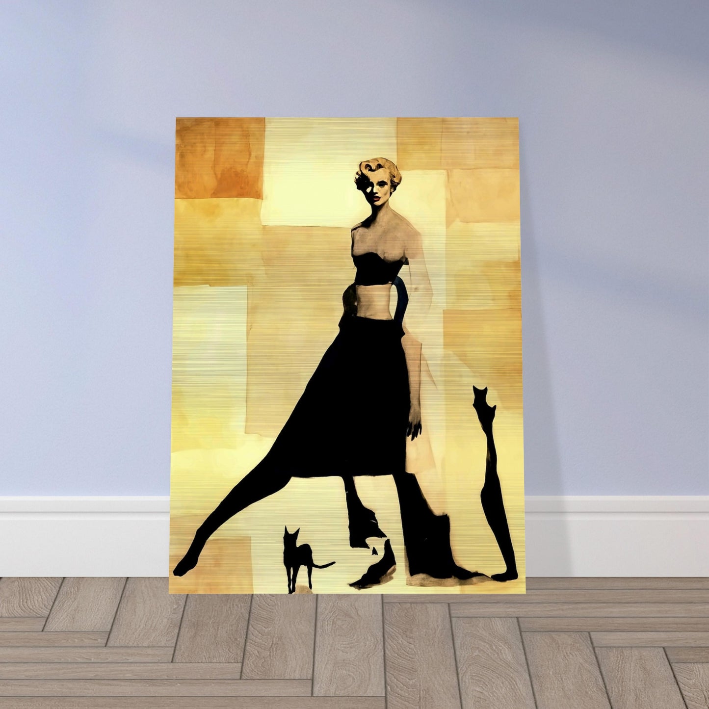 "An abstract, minimalist painting of a stylish woman in black silhouette, accompanied by shadowy figures of two cats against a beige background."