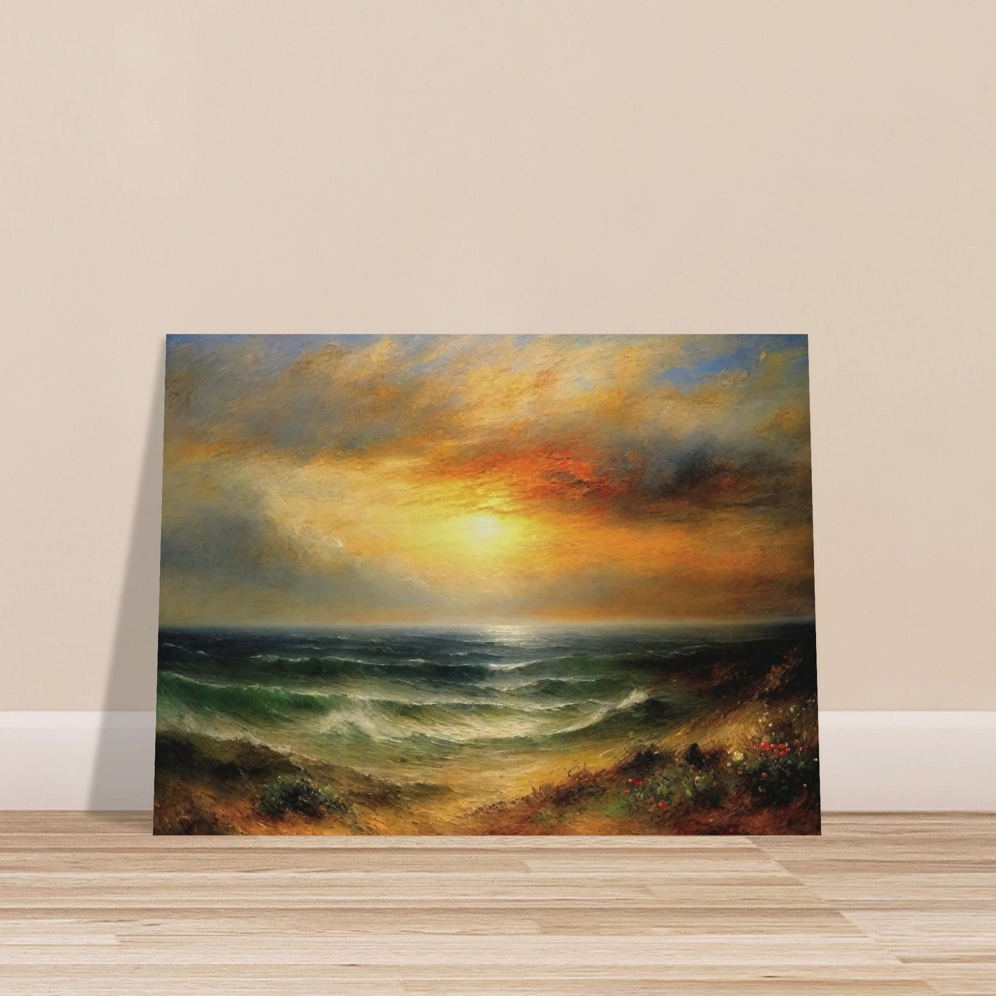 A beautiful seascape painting of a glowing sunset over calm ocean waves, with golden skies and soft colors reflecting on the water.