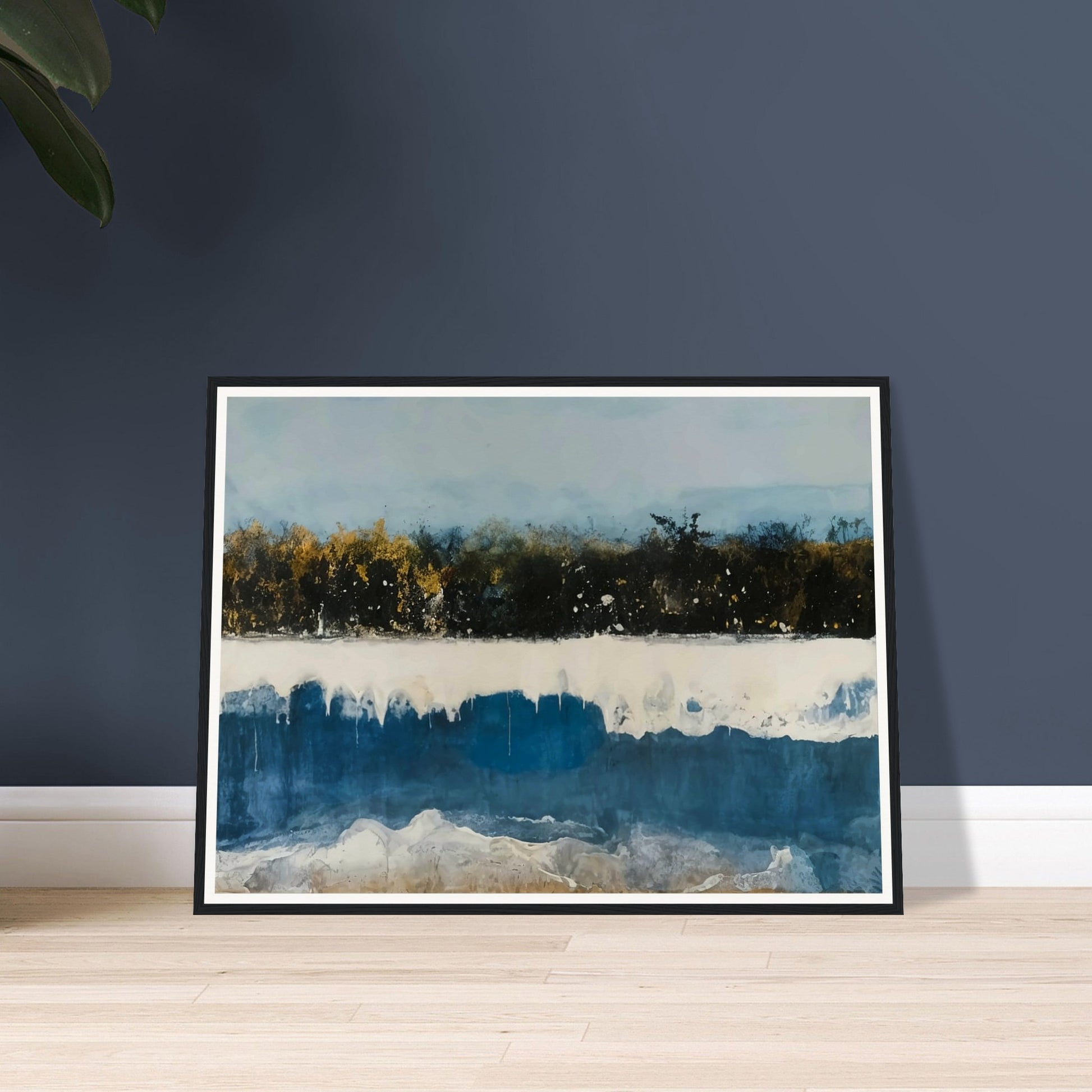 A shoreline with rich blue tones and golden trees under a soft sky, blending natural elements in a peaceful and dreamlike setting