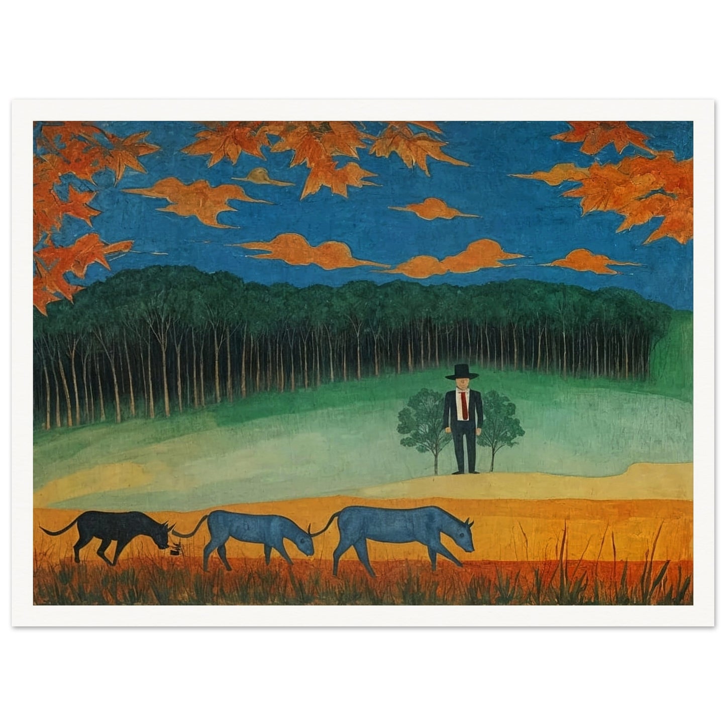 A serene countryside with blue cattle grazing and a lone man in a hat observing the changing autumn foliage and orange skies.