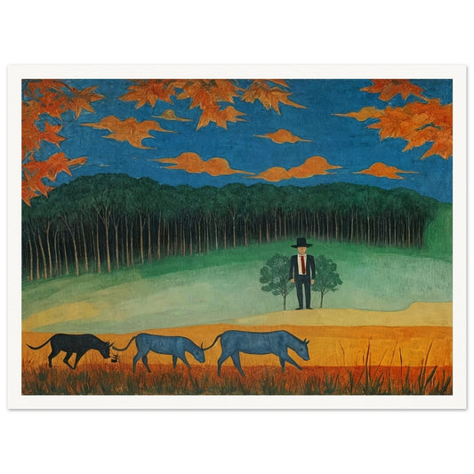 A serene countryside with blue cattle grazing and a lone man in a hat observing the changing autumn foliage and orange skies.