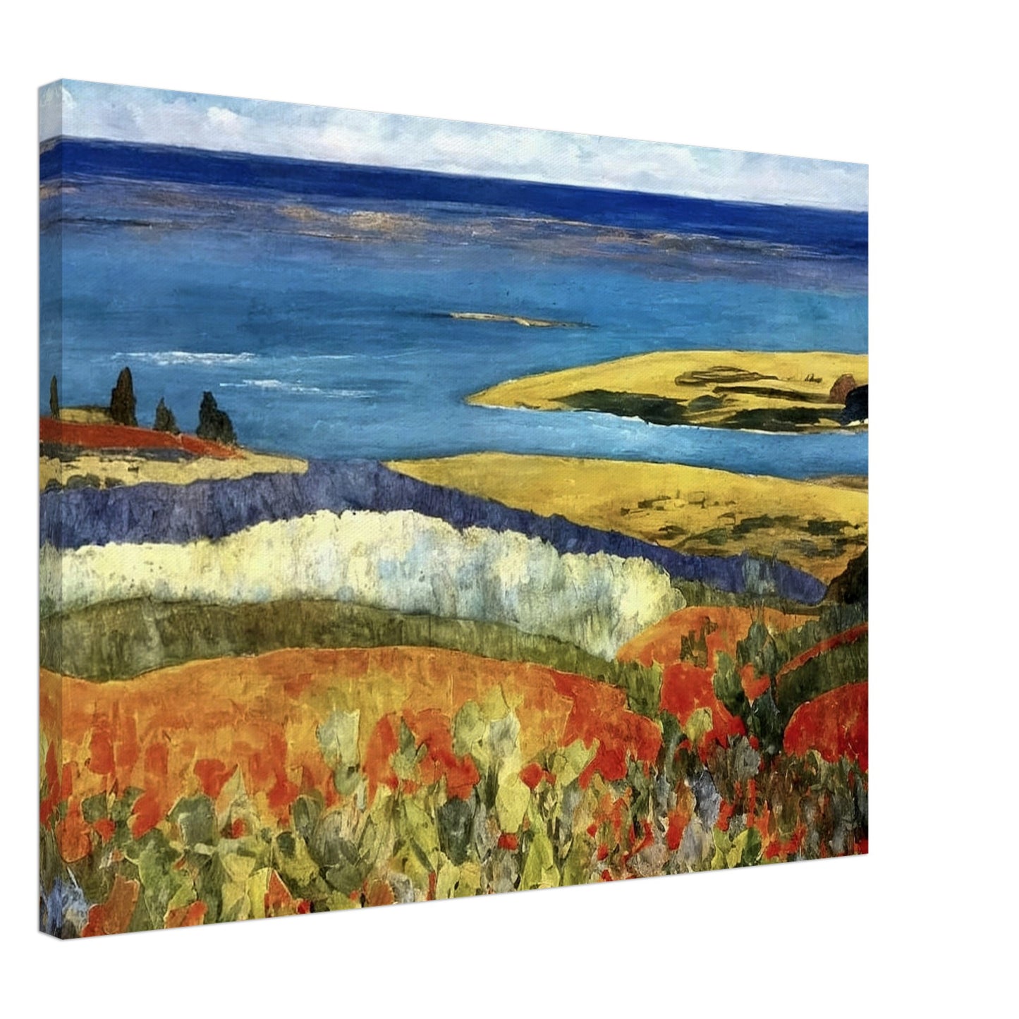 A vivid coastal landscape featuring rolling hills of red and green leading to a calm blue sea. A bright sky hovers over the serene shoreline.