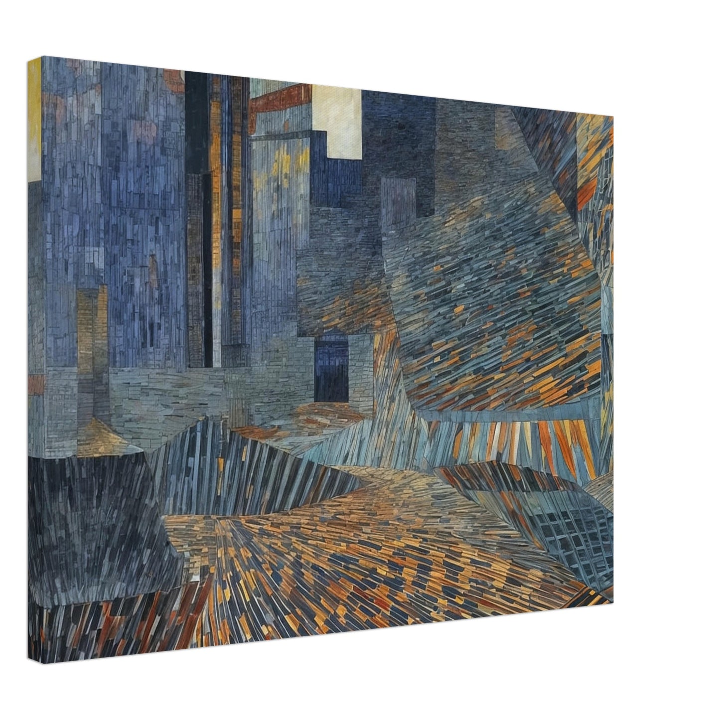 A mosaic-like abstract painting depicting an urban landscape with intricate patterns and vibrant colors.