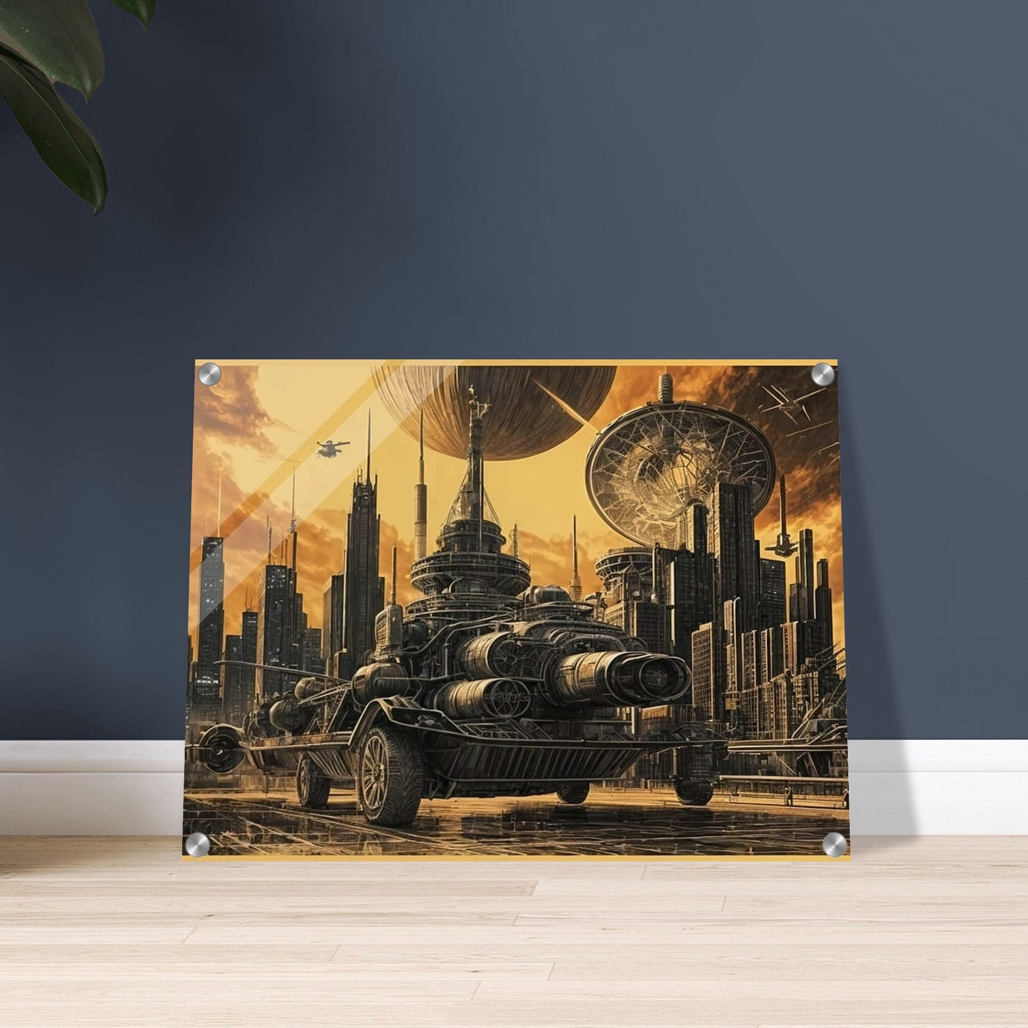 A massive futuristic machine rolls through a towering, industrial city under a golden sky, surrounded by advanced technology and spacecraft.