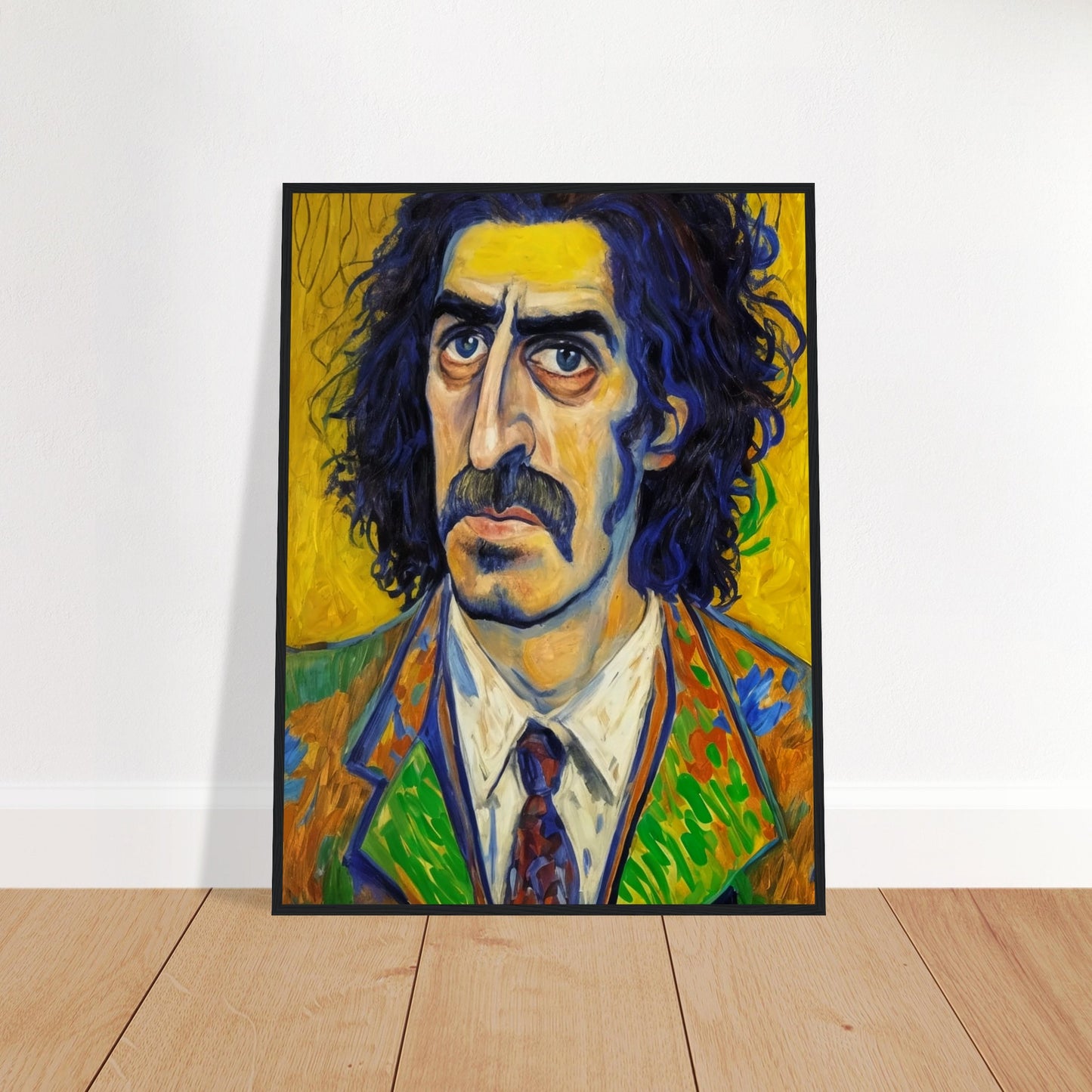 A vibrant portrait of a man with deep-set eyes and thick mustache, framed by wild dark hair. His colorful, patterned suit contrasts with a vivid yellow background.