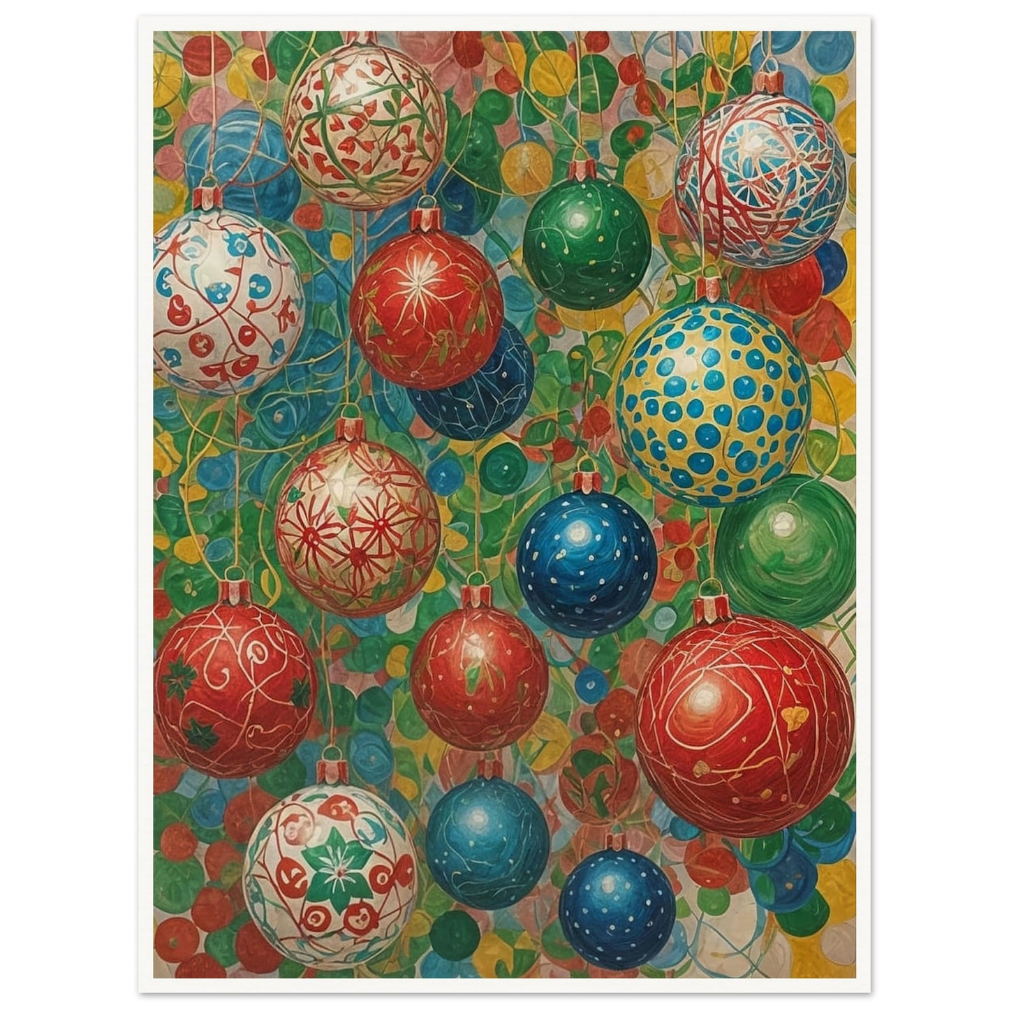 A vibrant array of colorful Christmas ornaments in red, blue, green, and white, decorated with intricate patterns and set against a lively background of overlapping colors.