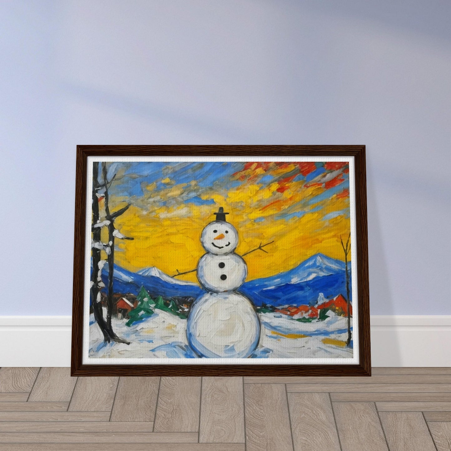 A cheerful snowman stands in a snowy village landscape with a vibrant yellow and orange sunrise, framed by mountains and trees, bringing joy to the winter scene.