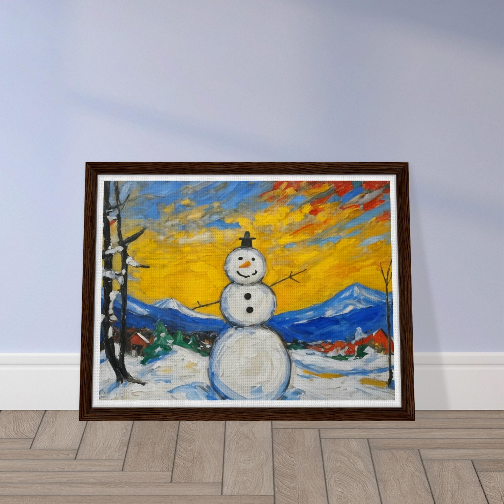 A cheerful snowman stands in a snowy village landscape with a vibrant yellow and orange sunrise, framed by mountains and trees, bringing joy to the winter scene.