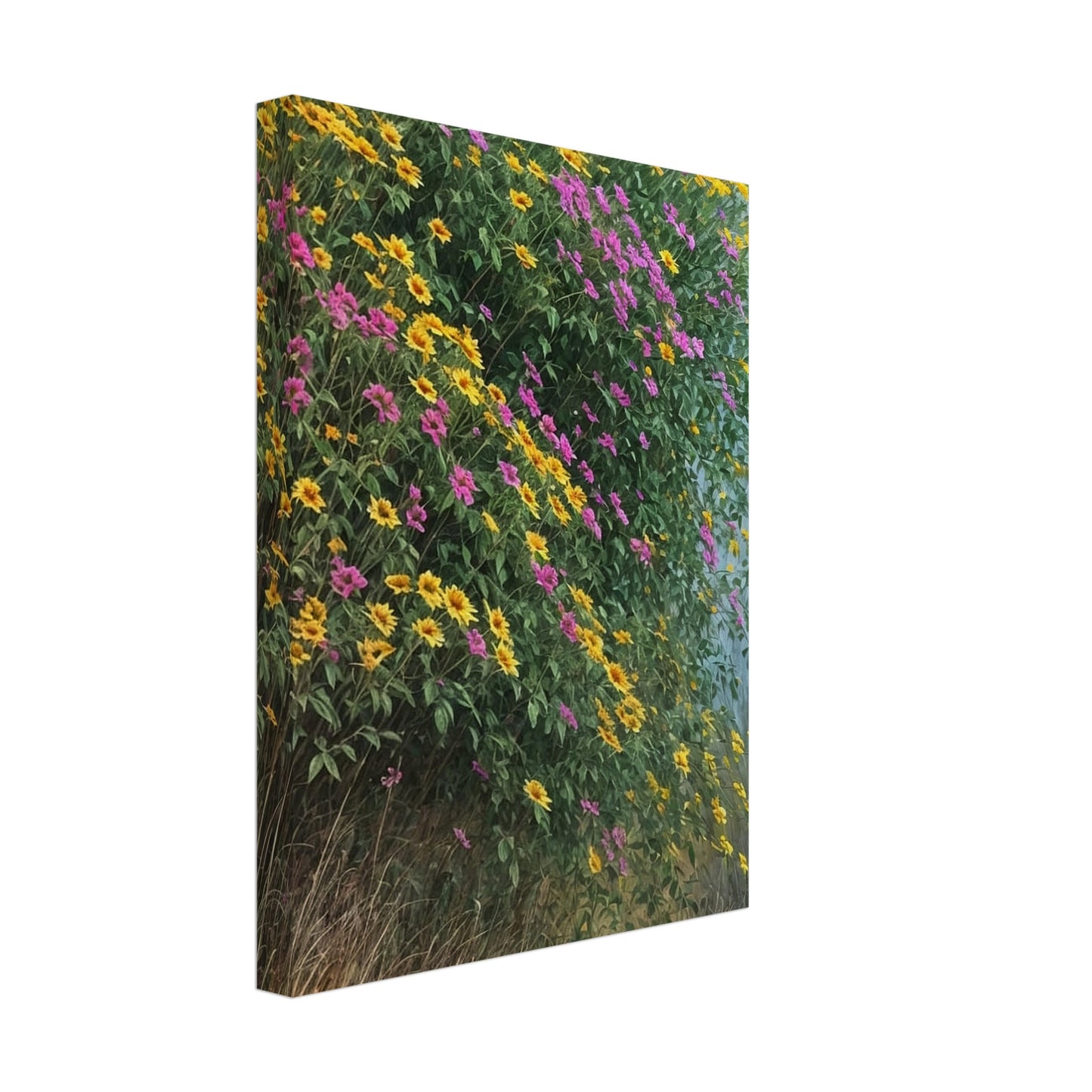 A vibrant painting of yellow and pink wildflowers cascading over a hillside with lush green foliage and tall grass.