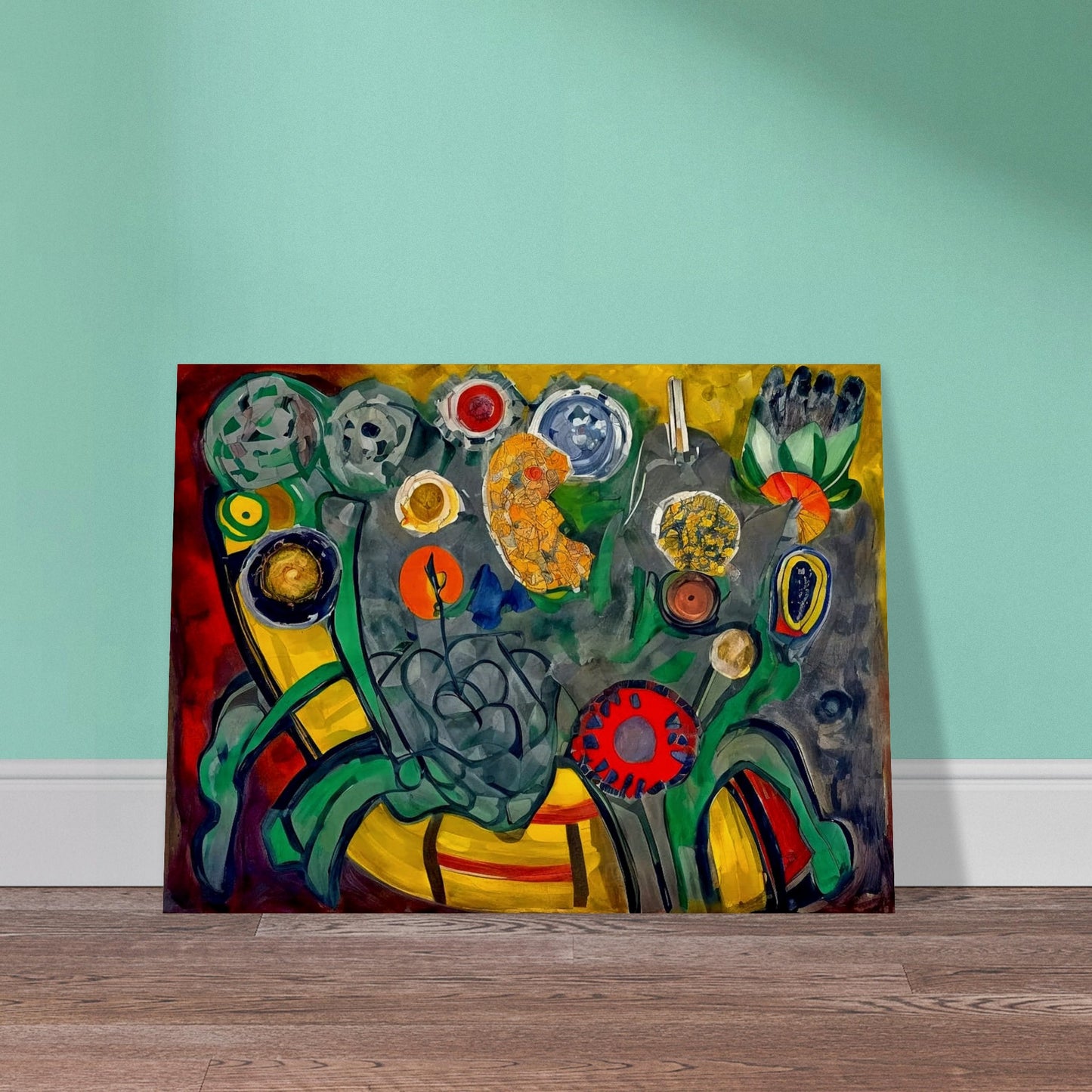 A bold, abstract depiction of colorful flowers with swirling shapes and rich colors like red, yellow, and green, creating an energetic garden-like scene.