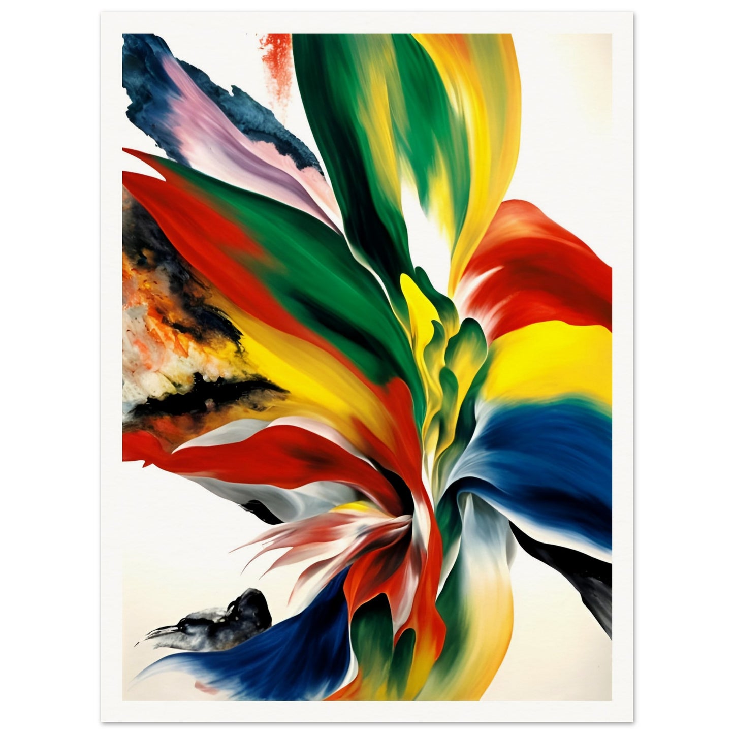 A dynamic explosion of vivid reds, yellows, blues, and greens blending in fluid motion, resembling an ethereal floral bloom or flame.