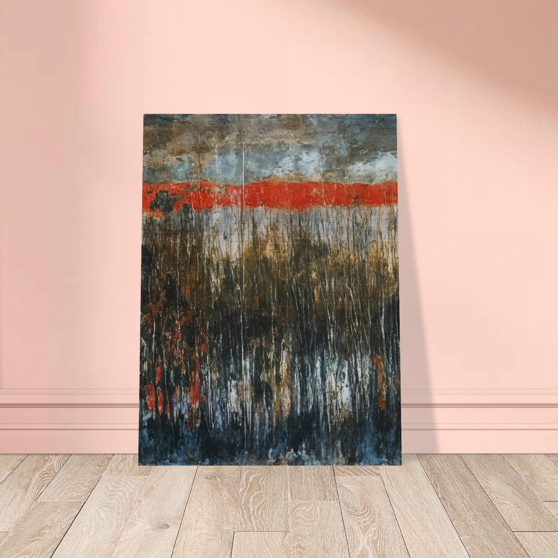 A captivating landscape with a vivid red horizon, contrasted by dark, misty foliage in the foreground, evoking a sense of mystery and drama.