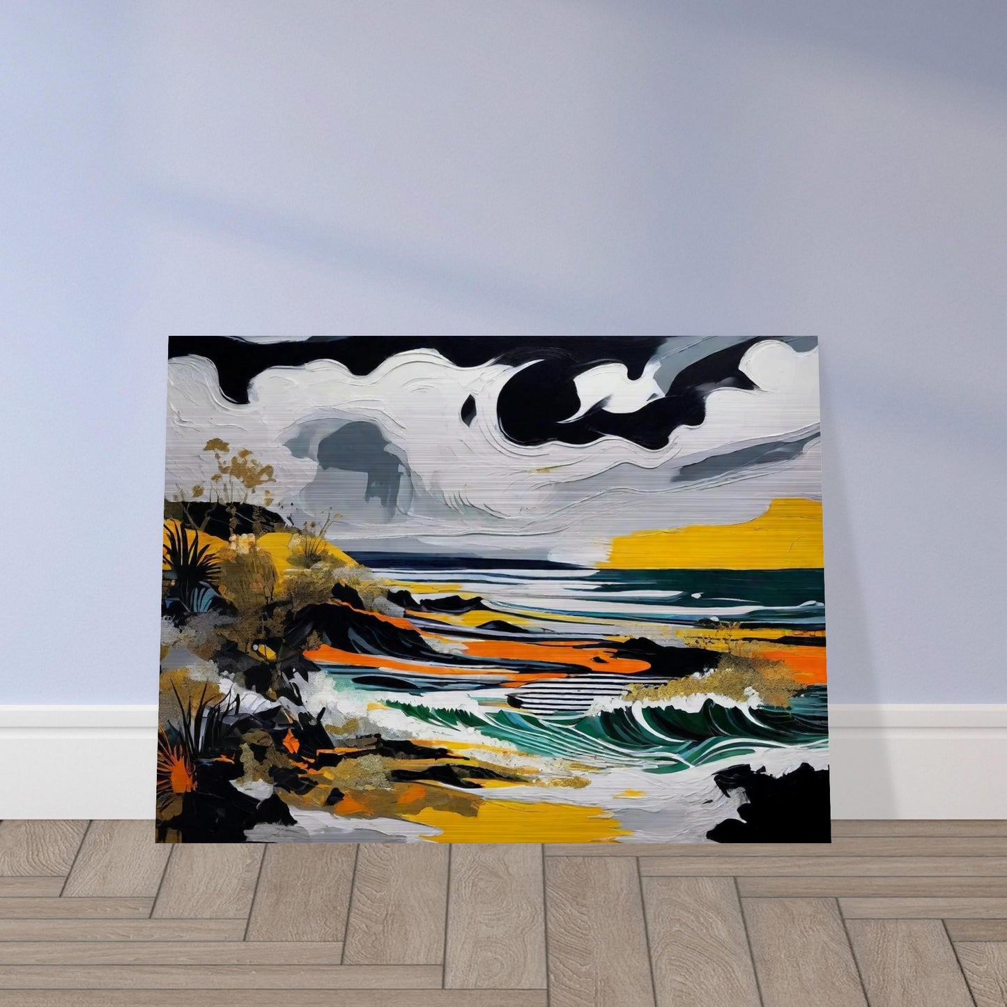 A striking seascape painting with swirling clouds, crashing waves, and bold colors of yellow, black, and green along a rugged coastline.