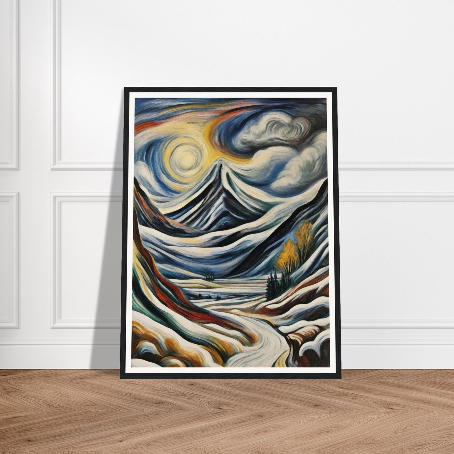 "A stunning depiction of snow-covered mountains beneath swirling clouds and a glowing sun, with a winding path leading into the scene."