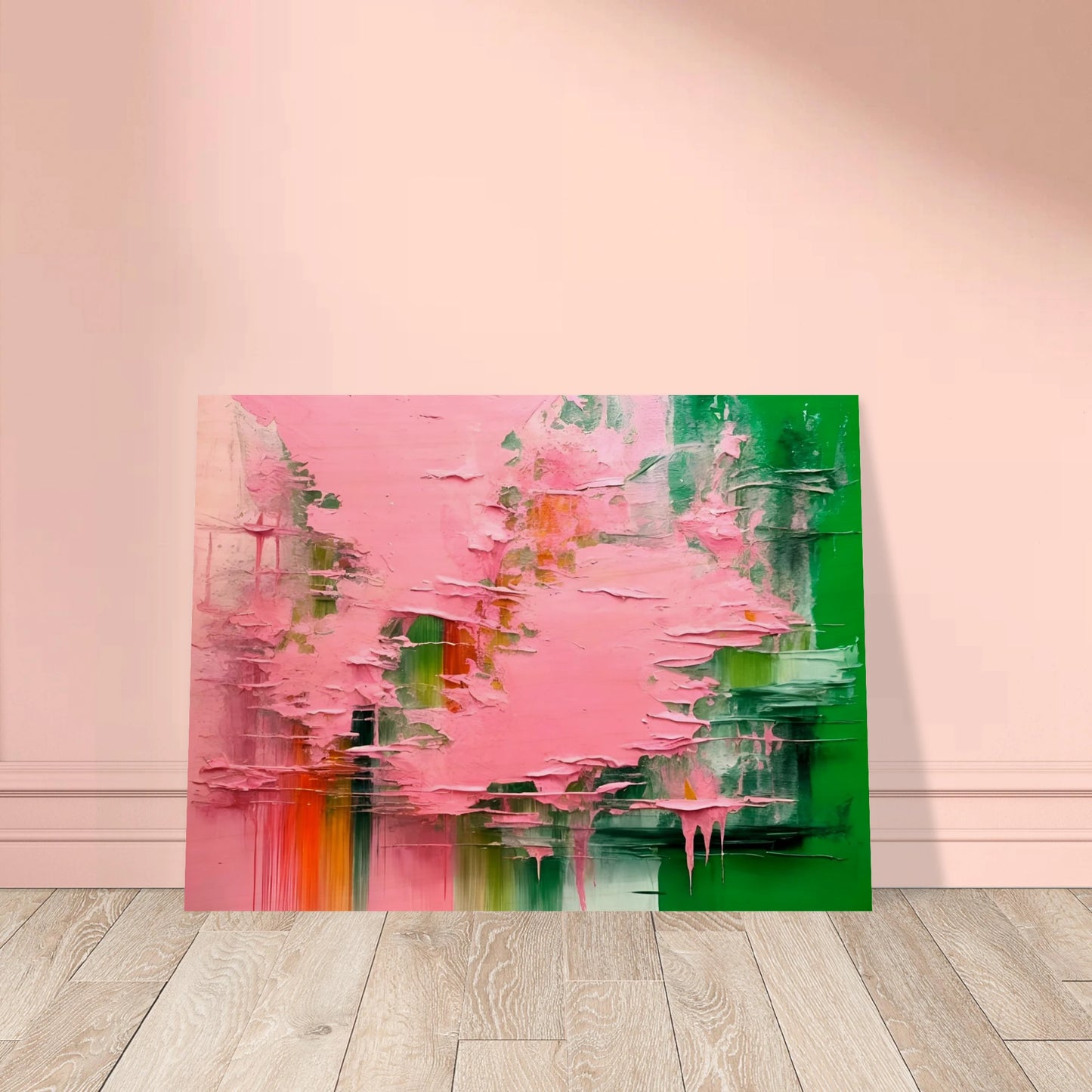 Vibrant abstract art with bold green and pink textures, layered and dripping paint blending with subtle orange and white strokes.