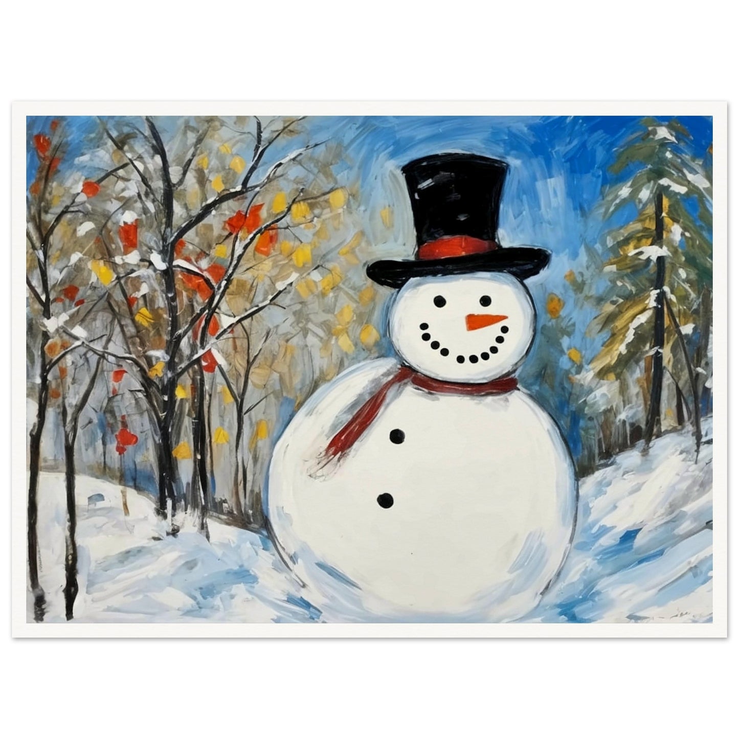 A cheerful snowman with a black top hat and red scarf stands in a snow-covered landscape, surrounded by snow-dusted trees with autumn leaves and a clear blue sky.