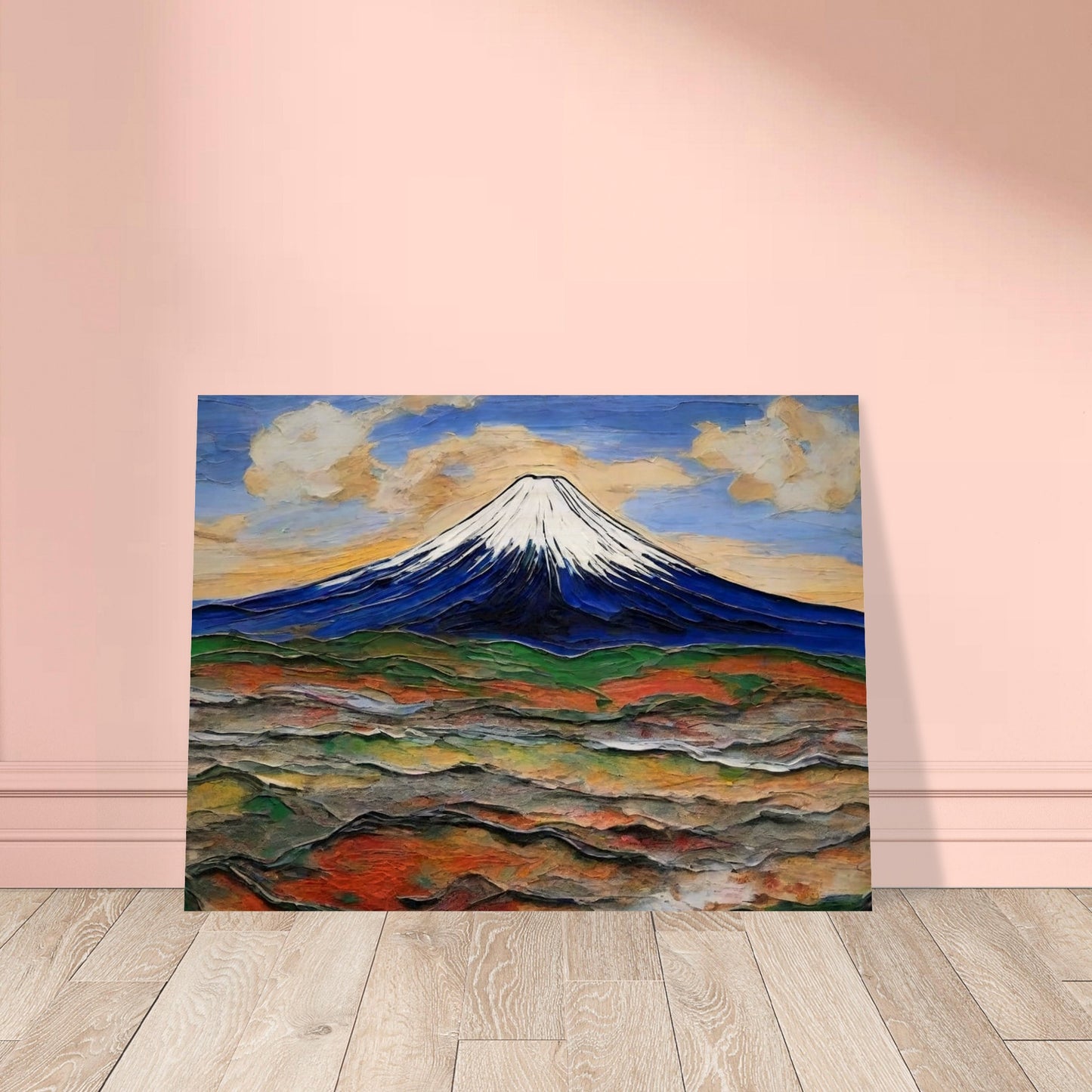 "A breathtaking view of a snow-capped mountain under a colorful sky, with rolling hills in earthy tones spreading out below."