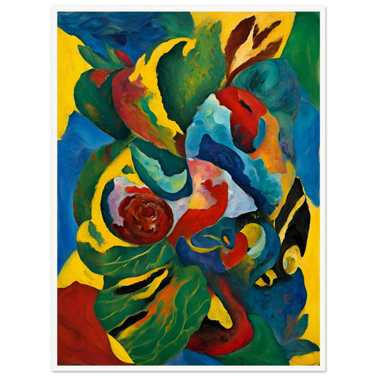 A vibrant fusion of swirling botanical forms and organic shapes in bold red, blue, yellow, and green, evoking a sense of nature's vitality.