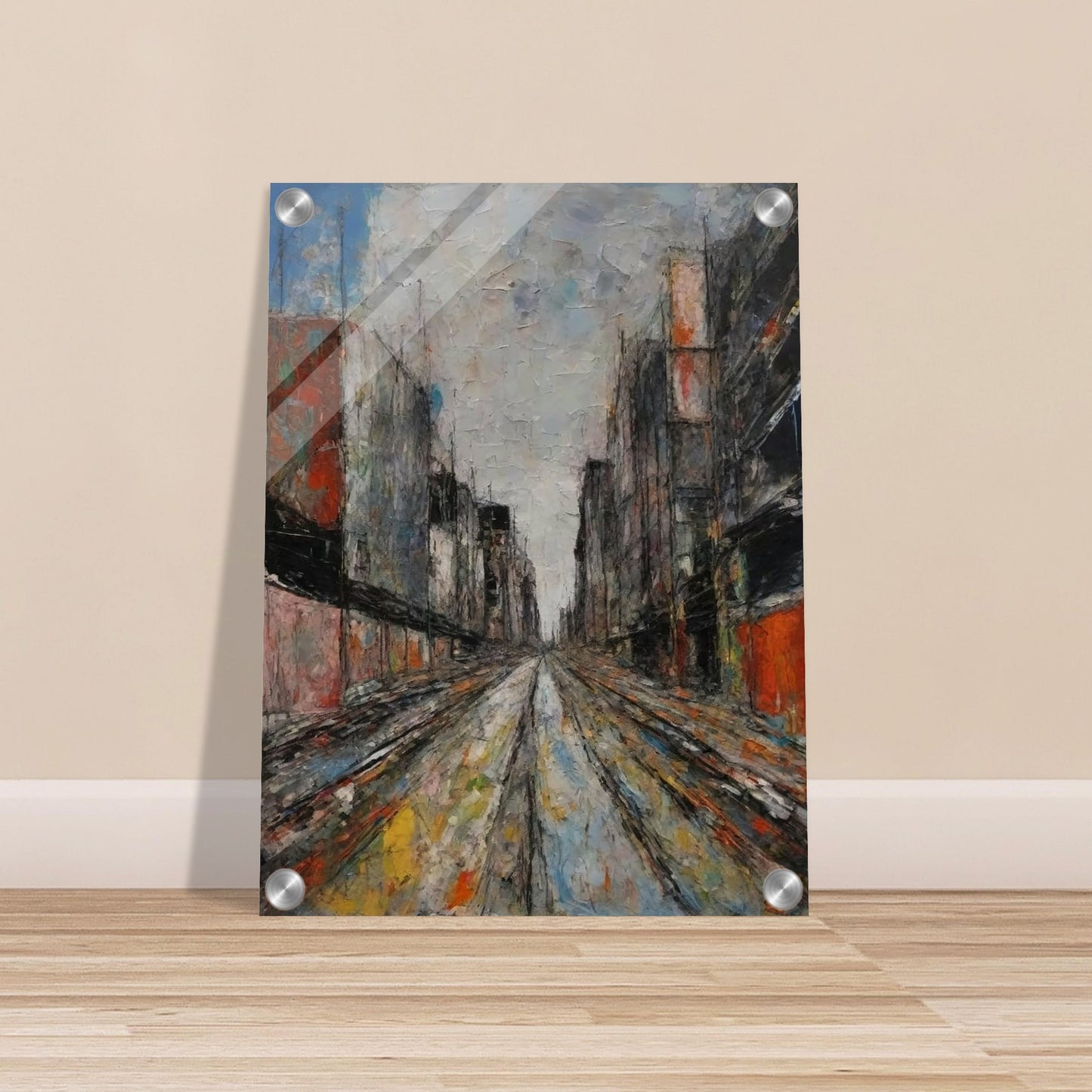 Textured painting of a long urban alley with tall buildings on both sides, leading to a vanishing point under a cloudy sky.