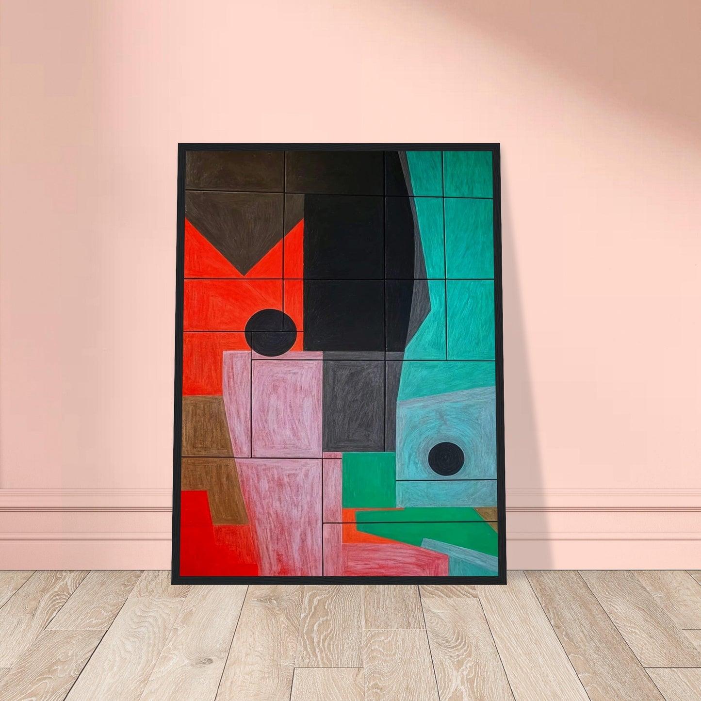 A striking geometric artwork featuring overlapping shapes in shades of red, black, pink, and teal, creating a structured abstract composition.
