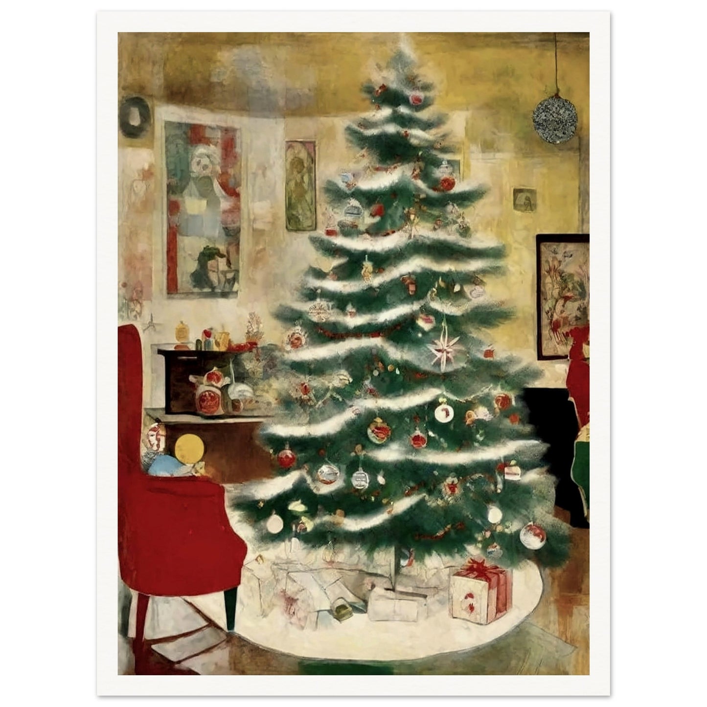 A cozy living room scene featuring a beautifully decorated Christmas tree adorned with ornaments and surrounded by presents, evoking the warmth of the holiday season.