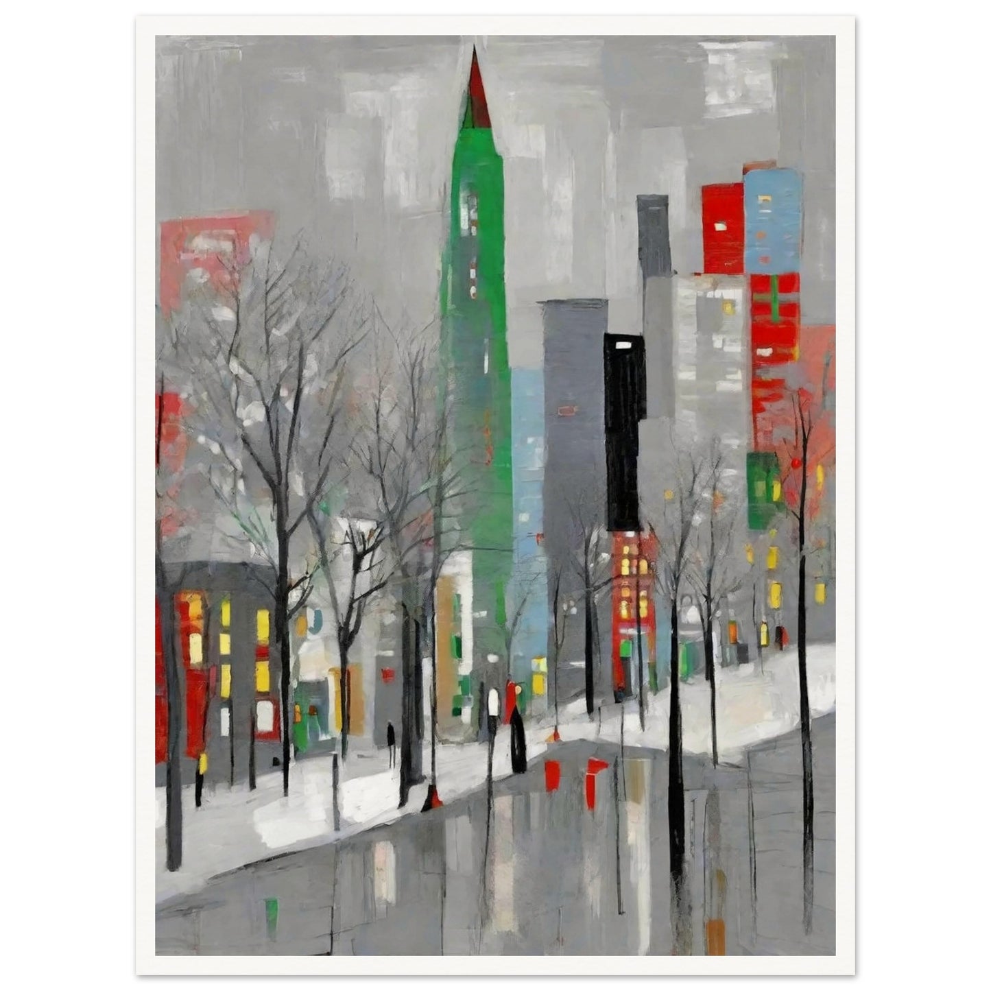 A modern winter cityscape featuring tall buildings in muted tones with pops of red and green, leafless trees, and snow-covered streets.