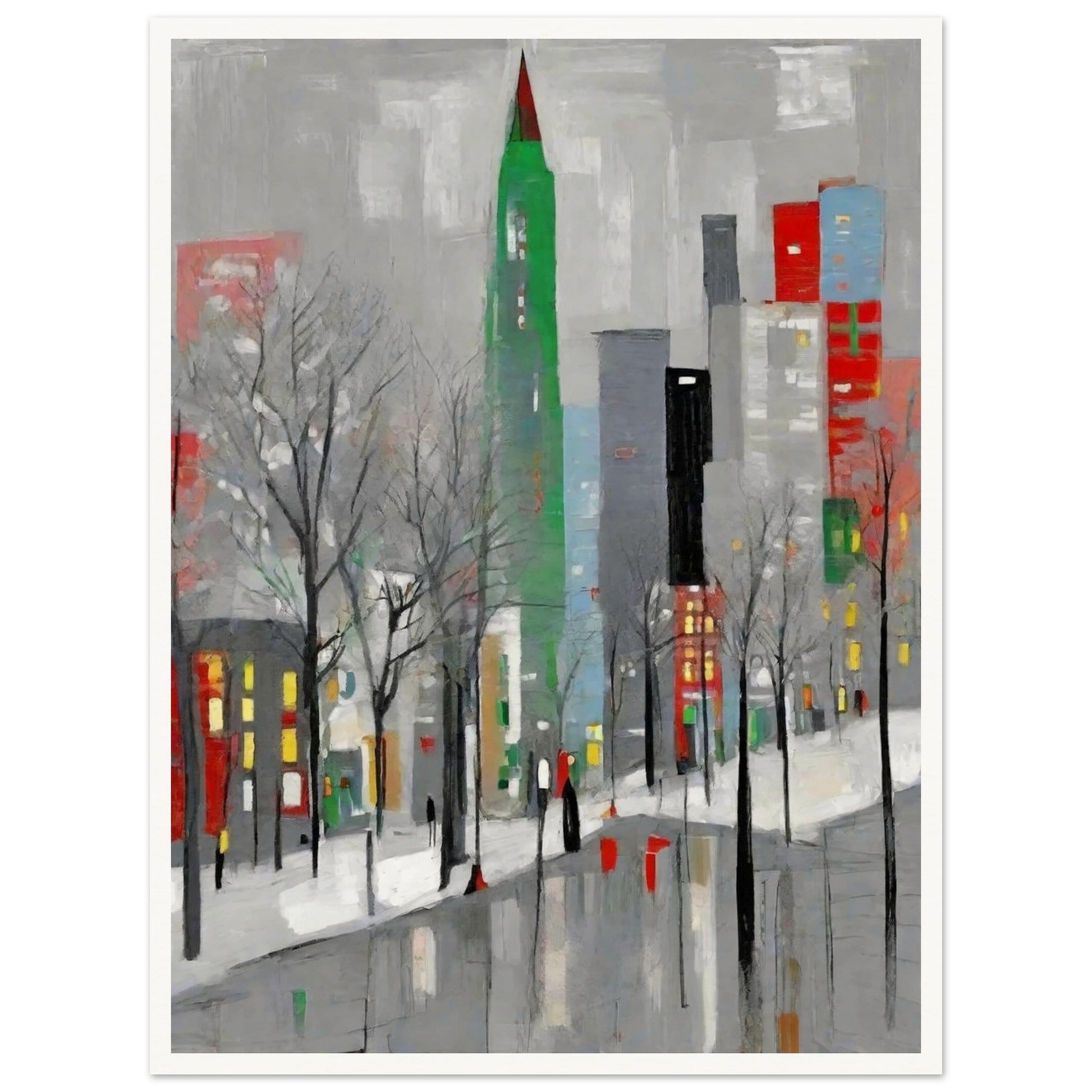A modern winter cityscape featuring tall buildings in muted tones with pops of red and green, leafless trees, and snow-covered streets.