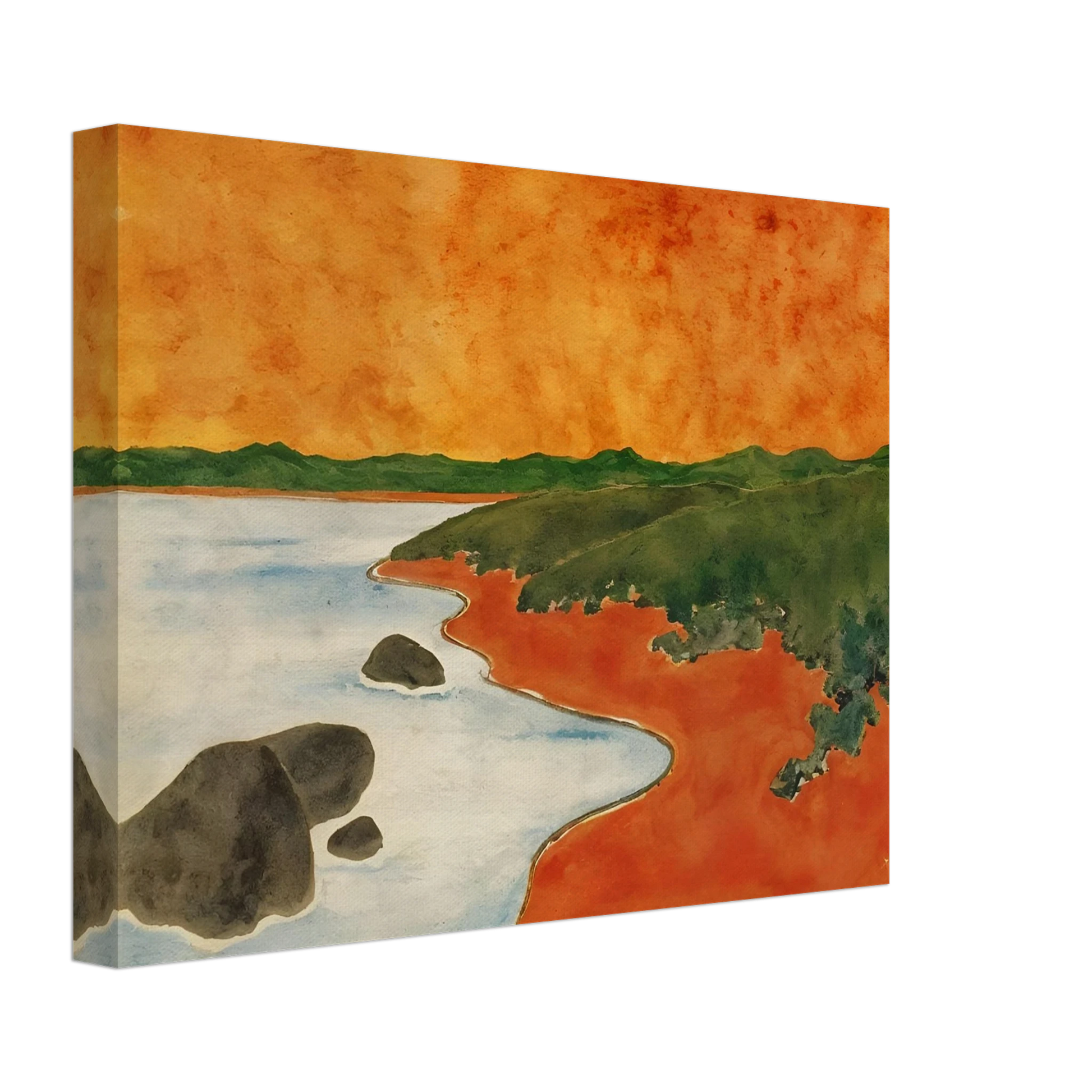 A vivid coastal scene with fiery orange skies, green hills, and calm shoreline waters meeting a winding red shoreline.