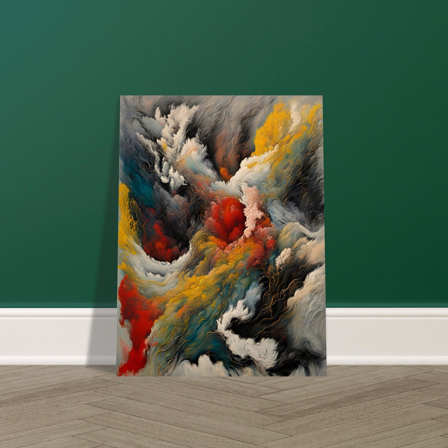 A dramatic painting depicting swirling clouds of smoke, fire, and mist with deep reds, golds, blues, and blacks, evoking a powerful elemental force.
