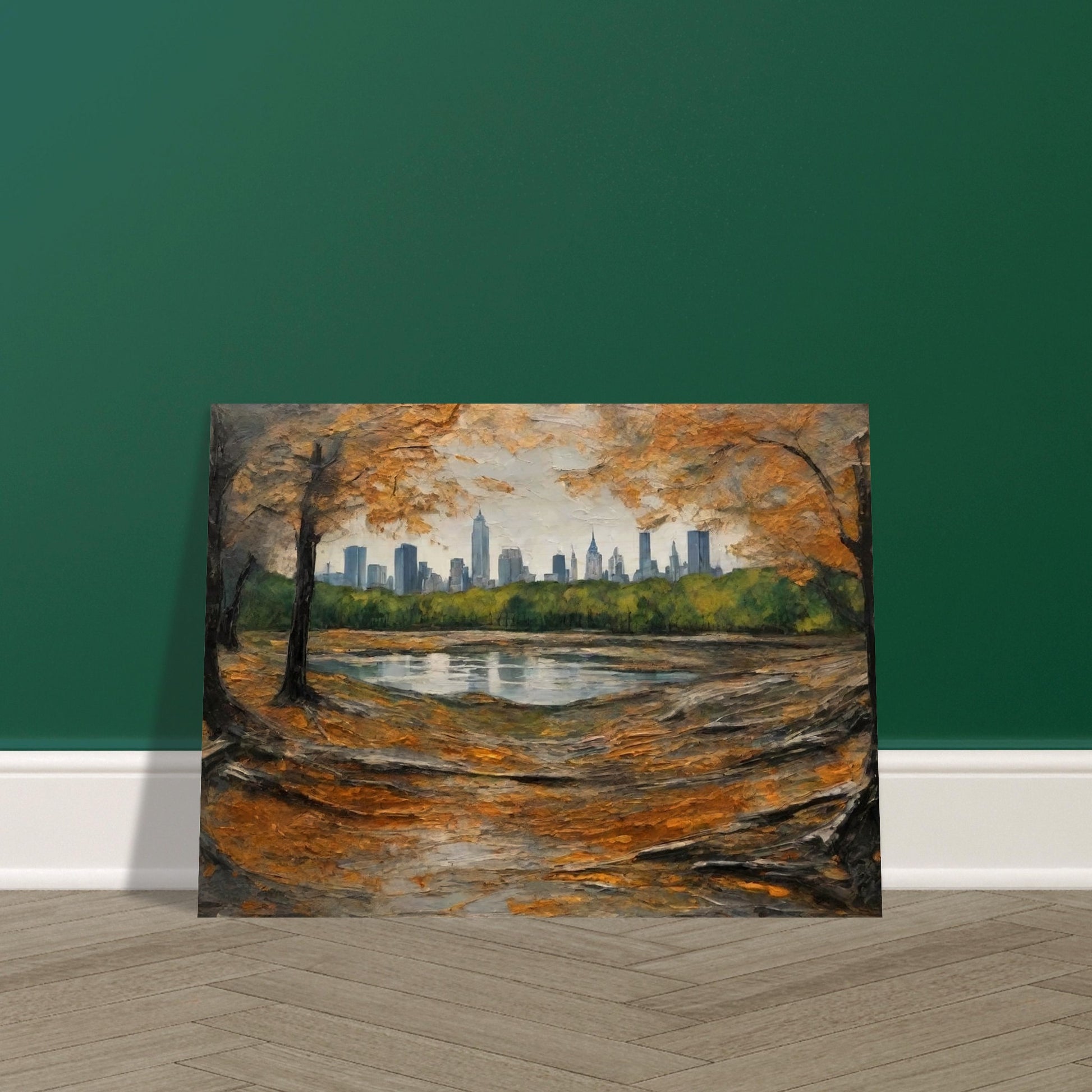 "A beautiful autumn scene with golden leaves framing a city skyline in the distance, viewed from the edge of a tranquil pond in the park."