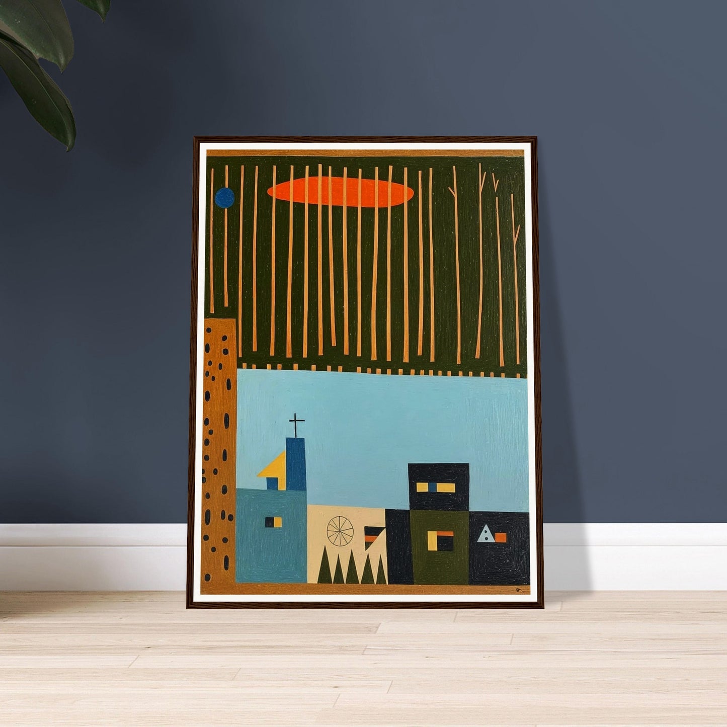 A minimalist portrayal of a small village beneath tall, thin trees and an orange cloud, capturing a tranquil, serene atmosphere.
