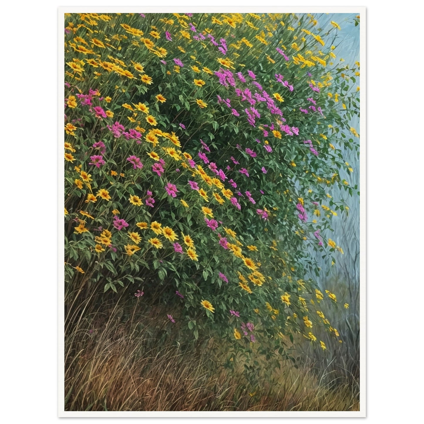 A vibrant painting of yellow and pink wildflowers cascading over a hillside with lush green foliage and tall grass.