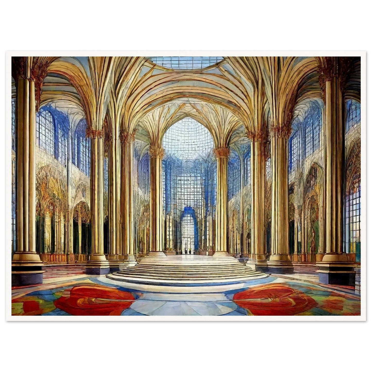 A grandiose hall with towering golden columns, intricate arched ceilings, and expansive windows that fill the space with light and color.