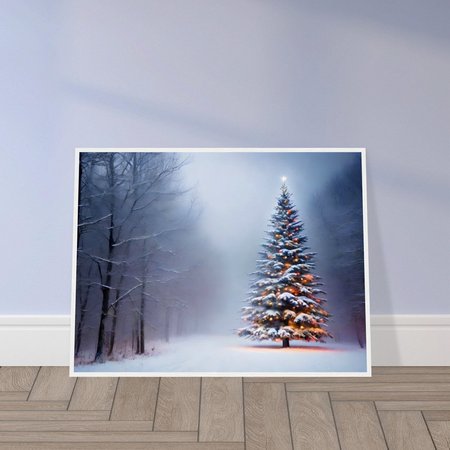 A snow-covered Christmas tree glowing with warm lights, standing alone in a misty winter forest, surrounded by frosted trees and soft light.