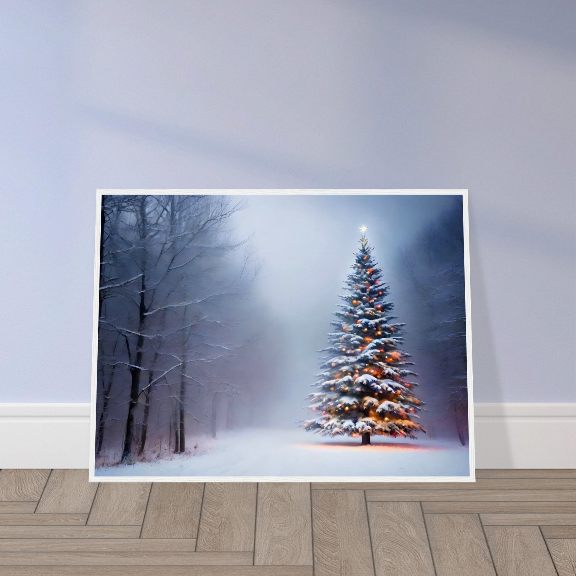 A snow-covered Christmas tree glowing with warm lights, standing alone in a misty winter forest, surrounded by frosted trees and soft light.