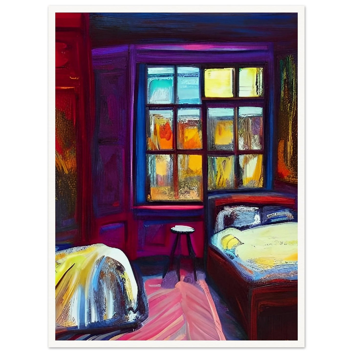 A vibrant painting of a bedroom illuminated by the warm glow of the evening light coming through a large window, casting colorful reflections on the walls and furniture
