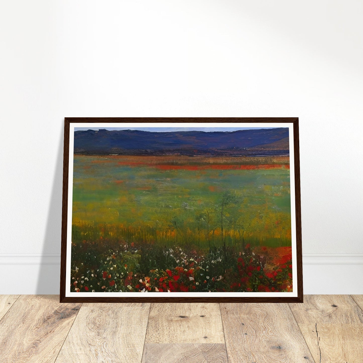 A tranquil painting depicting an expansive meadow filled with wildflowers, set against distant blue mountains.