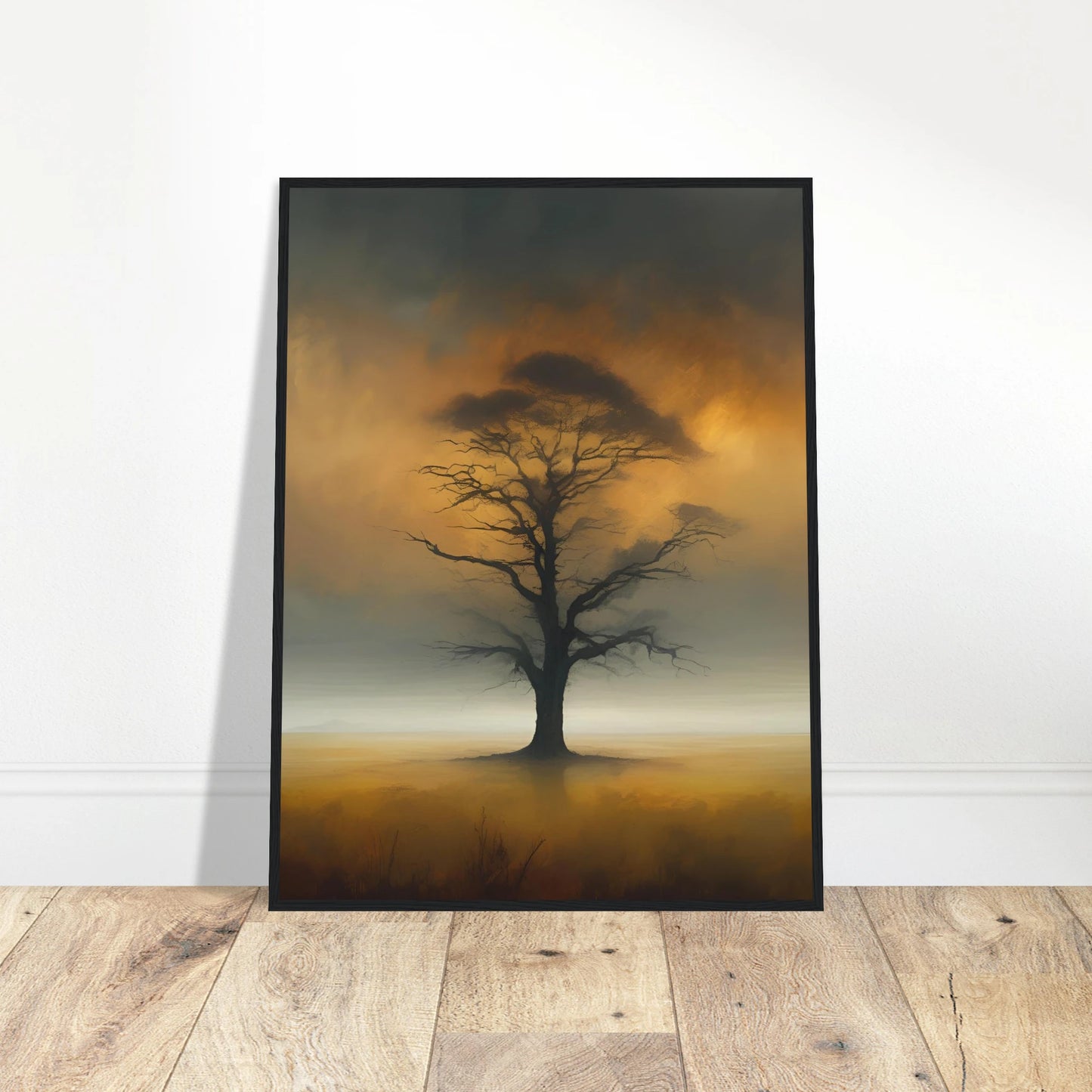 A solitary tree with bare branches stands in a foggy golden field, framed by a smoky, glowing twilight sky.