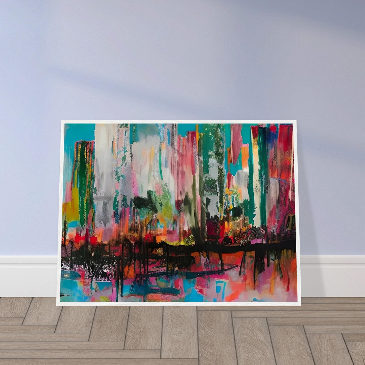 A vibrant cityscape with bold, abstract strokes of color, including teal, pink, red, and orange, creating a dynamic and energetic atmosphere.