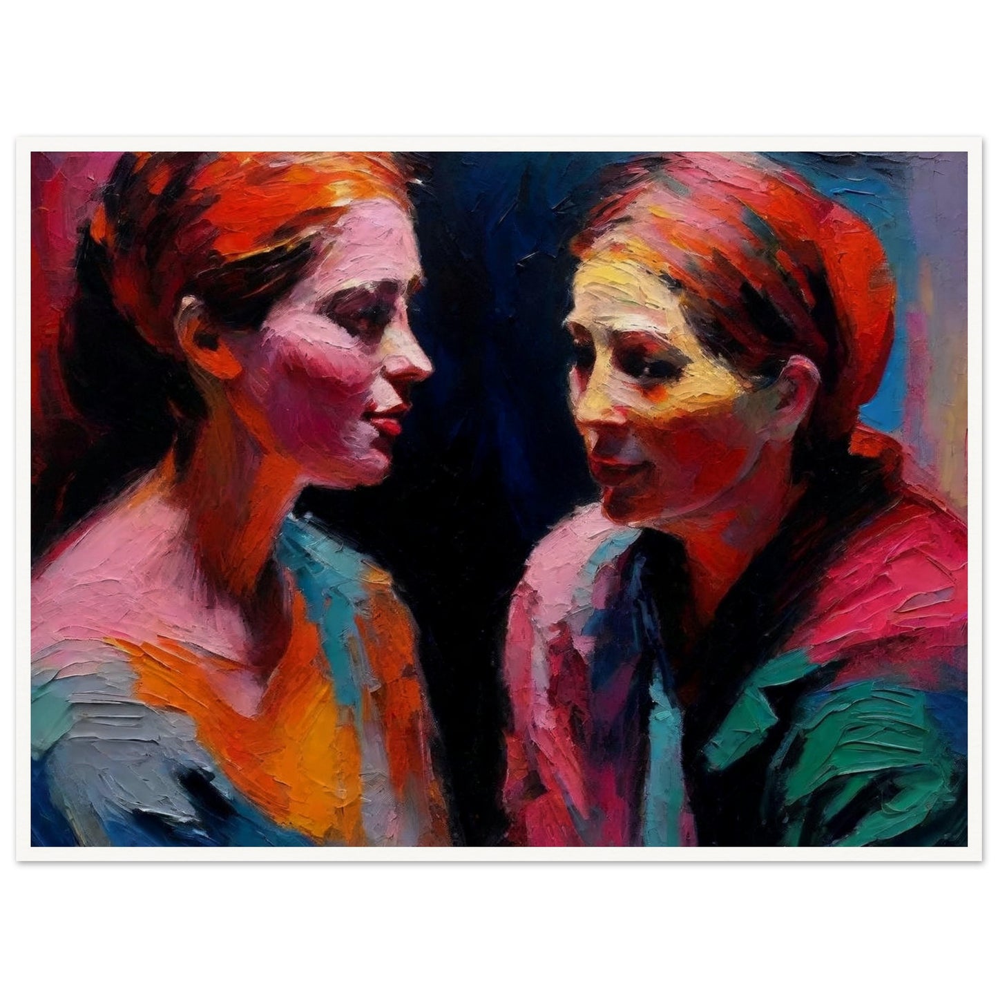 An expressive painting of two women engaged in a deep conversation, using bold and vibrant colors.