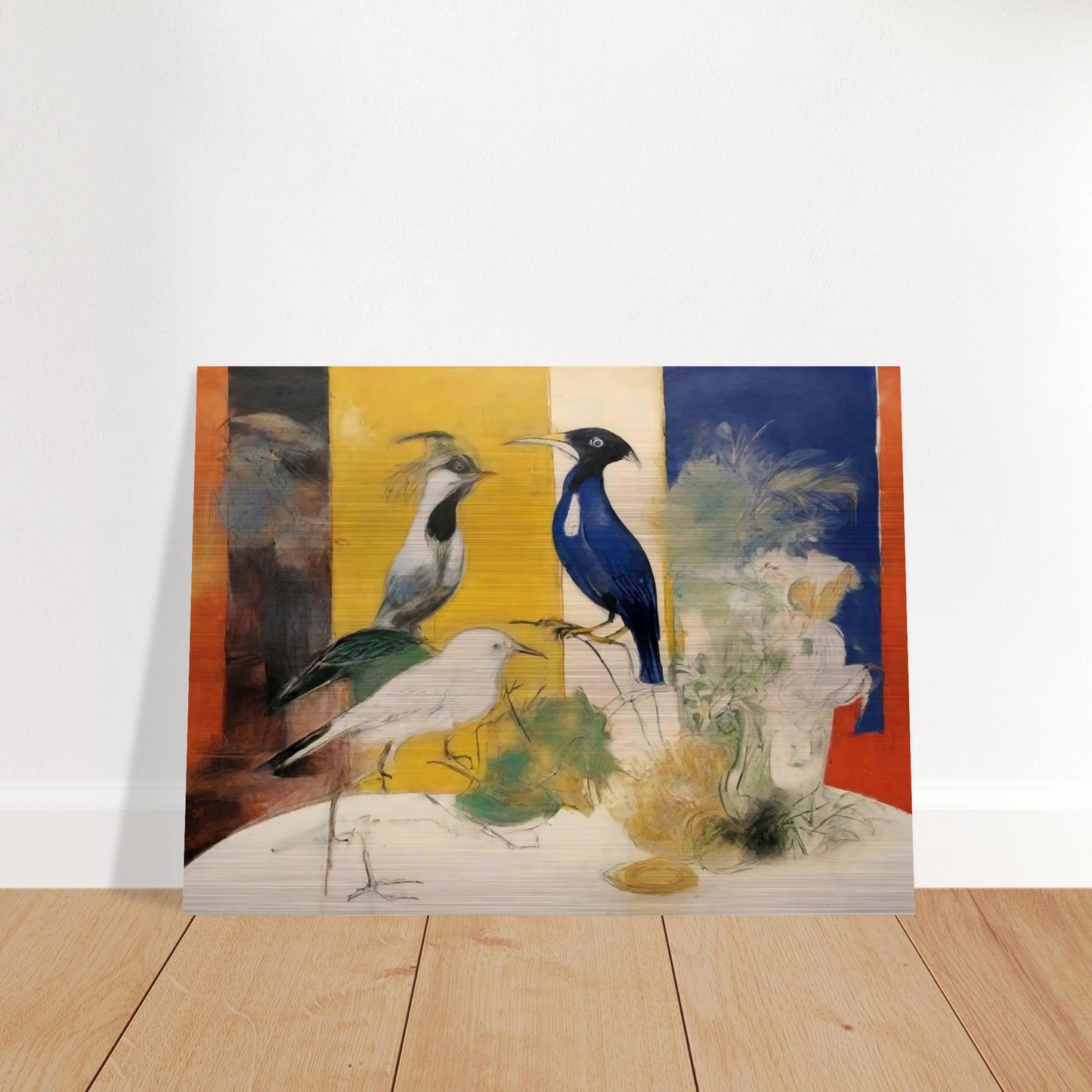 "A striking composition featuring three birds in front of bold color panels, with delicate sketches of plants and flowers surrounding them."
