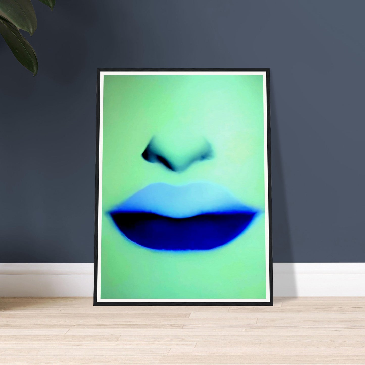 A close-up of soft lips and nose rendered in cool blue and green hues, creating a mysterious and ethereal vibe with bold contrast.