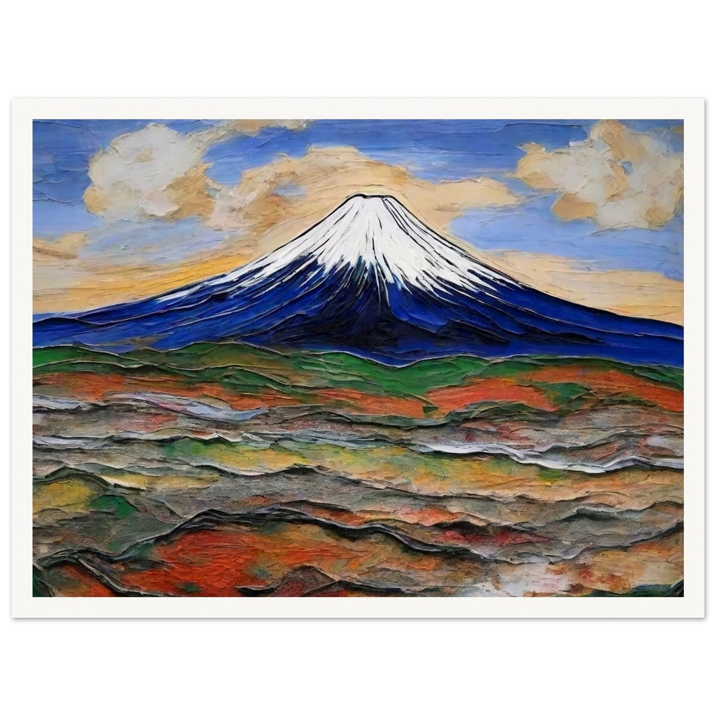 "A breathtaking view of a snow-capped mountain under a colorful sky, with rolling hills in earthy tones spreading out below."