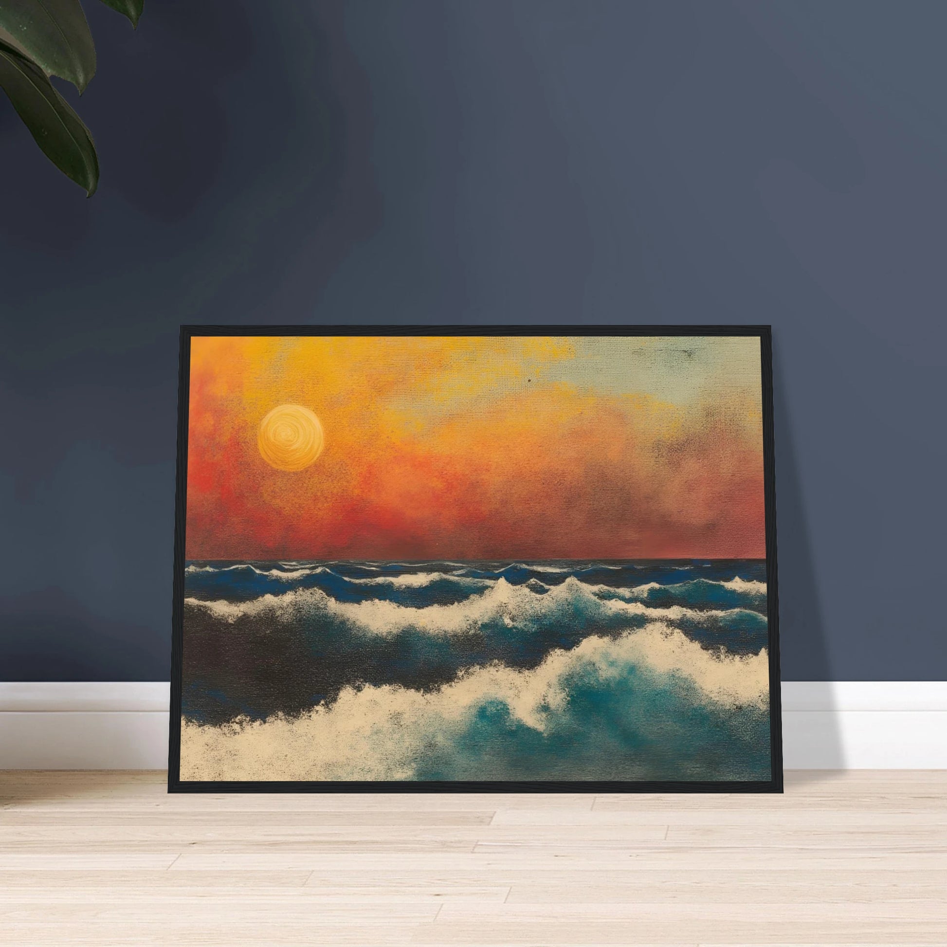 Crashing ocean waves beneath a fiery orange sunset sky, with textured swirls and foam breaking across deep blue water.