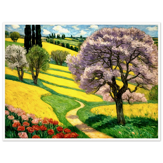 A scenic countryside with rolling yellow fields, blooming trees with purple flowers, and a winding path under a bright blue sky.