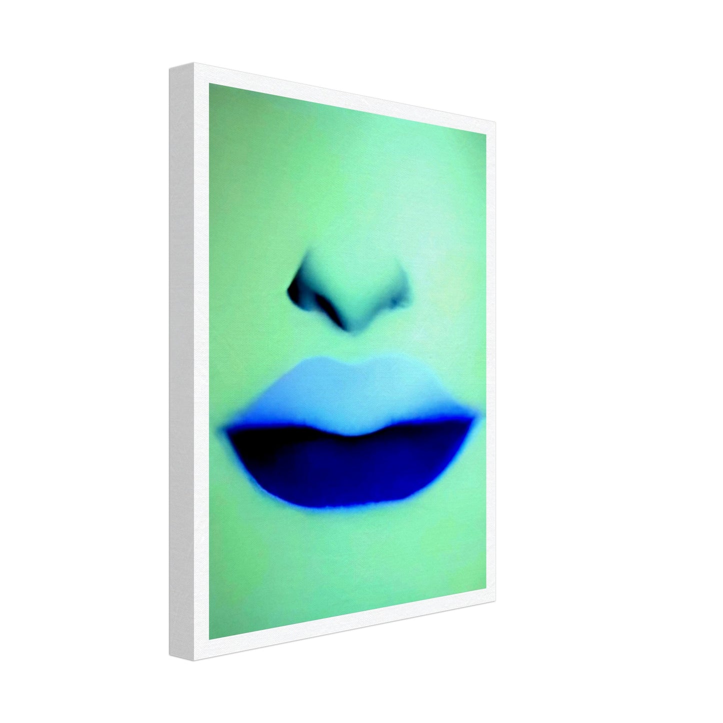 A close-up of soft lips and nose rendered in cool blue and green hues, creating a mysterious and ethereal vibe with bold contrast.