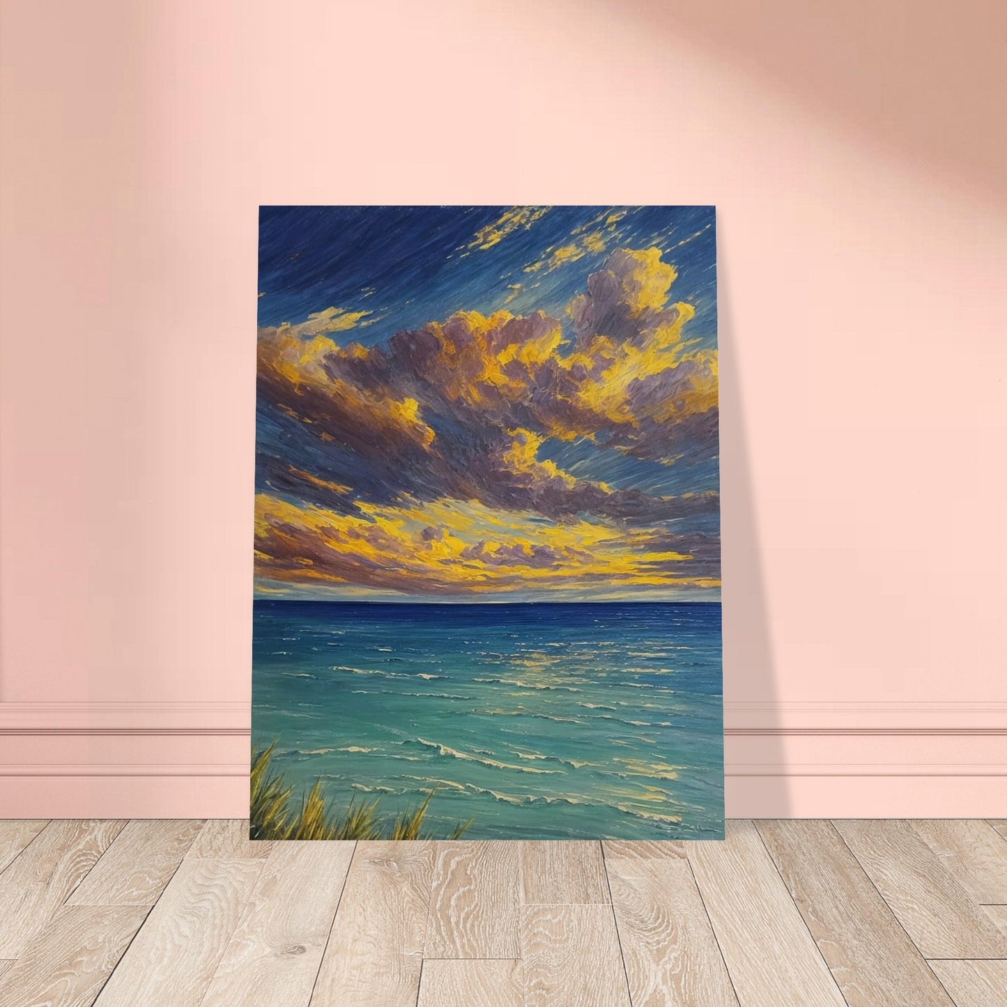 A vibrant painting of a serene ocean at sunset with dramatic clouds and golden light reflecting on the water.