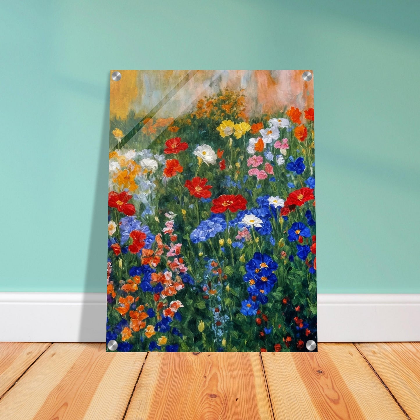 Colorful painting of a blooming garden filled with various flowers in red, blue, and yellow hues against a soft, textured background
