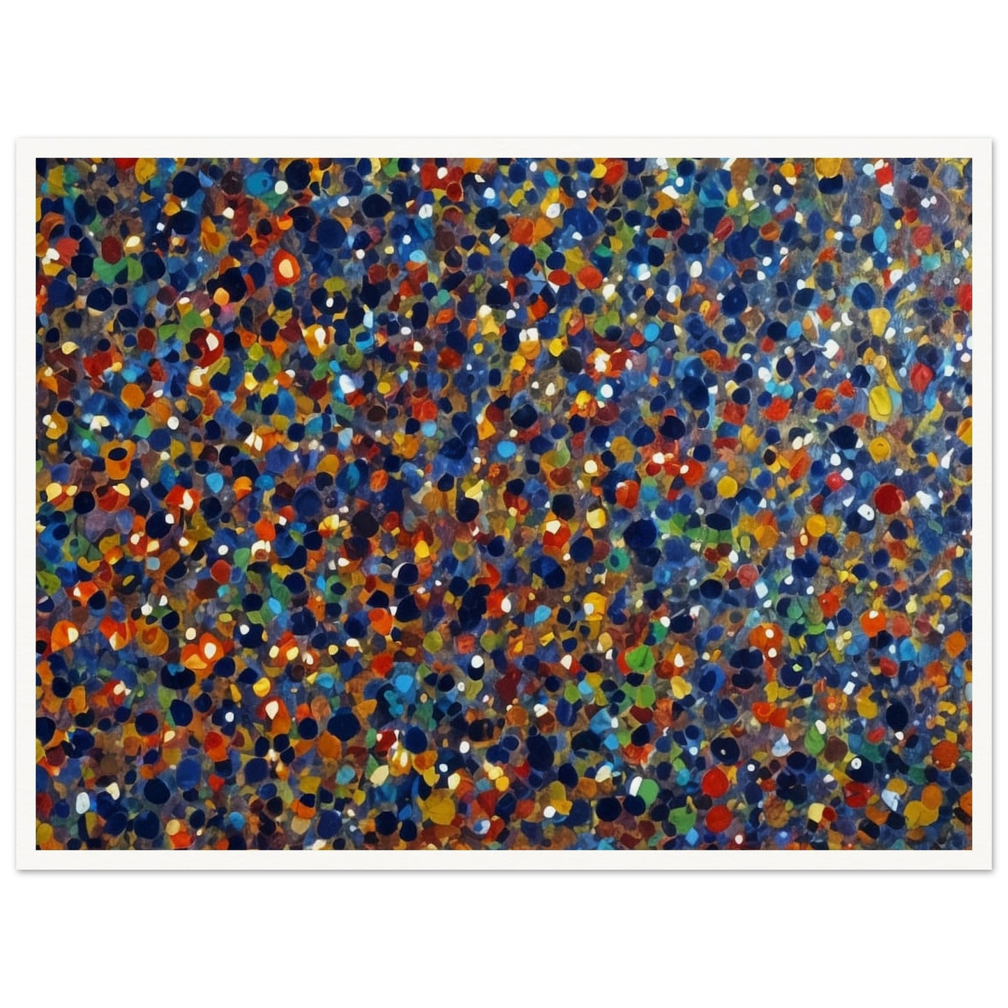 A dynamic display of colorful dots in various shades of blue, orange, green, and red, creating a vibrant and energetic pattern reminiscent of a starry sky or confetti.