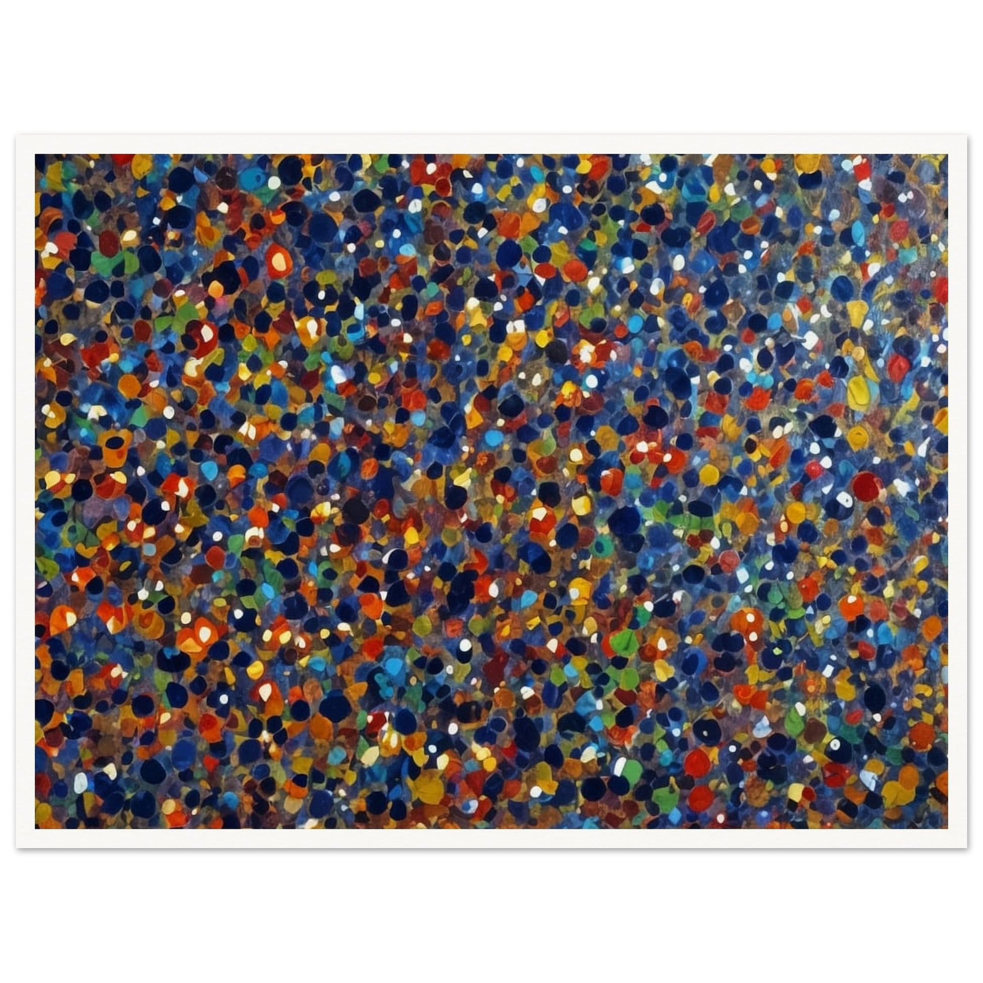 A dynamic display of colorful dots in various shades of blue, orange, green, and red, creating a vibrant and energetic pattern reminiscent of a starry sky or confetti.